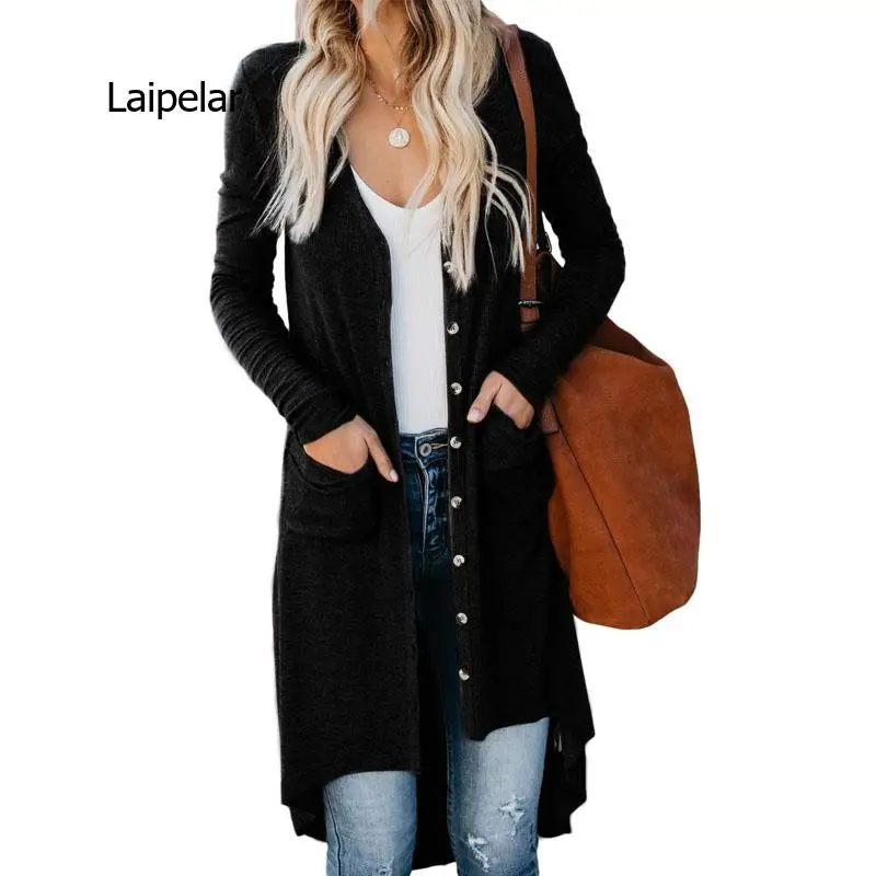 Women V Neck Button Pocket Long Sleeve Open Front Knit Sweater Cardigan Lady Fashion Casaul Solid Color Long Jacket Outwear Coat