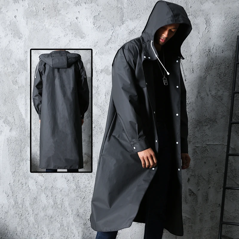 new black fashion adult waterproof long men women raincoat hooded for big boy girl travel fishing climbing cycling