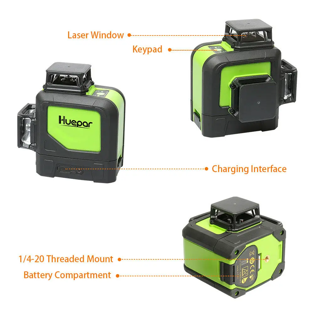 Huepar 3D Cross Line Laser Level 360 Self-leveling 12 Lines Green Beam Measure Tools Includes LR-6RG Digital LCD Laser Receiver