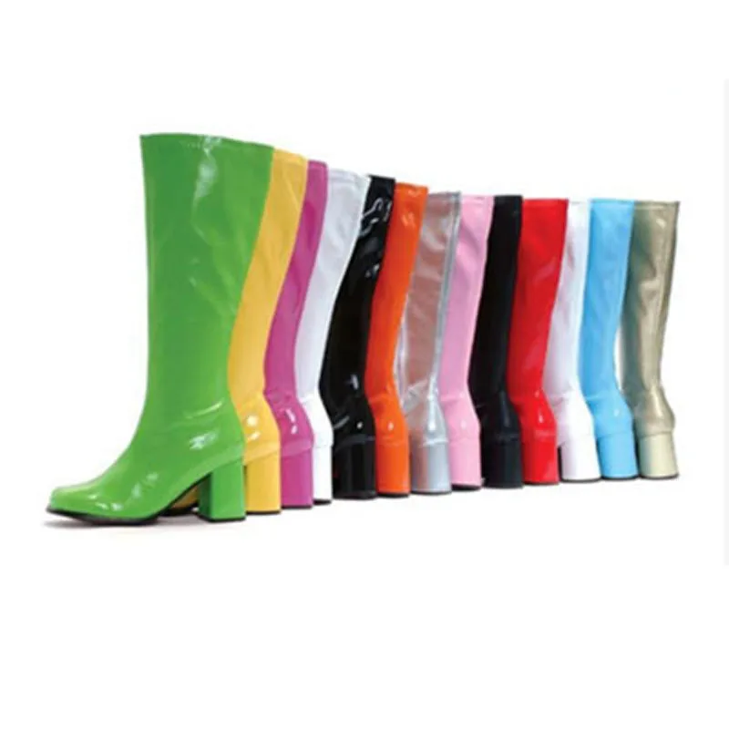 Ladies Candy Patent Leather square toe Knee Boots Side Zip 6.5Cm Chunky Heels Knight Boots Prom Stage Neon Boots