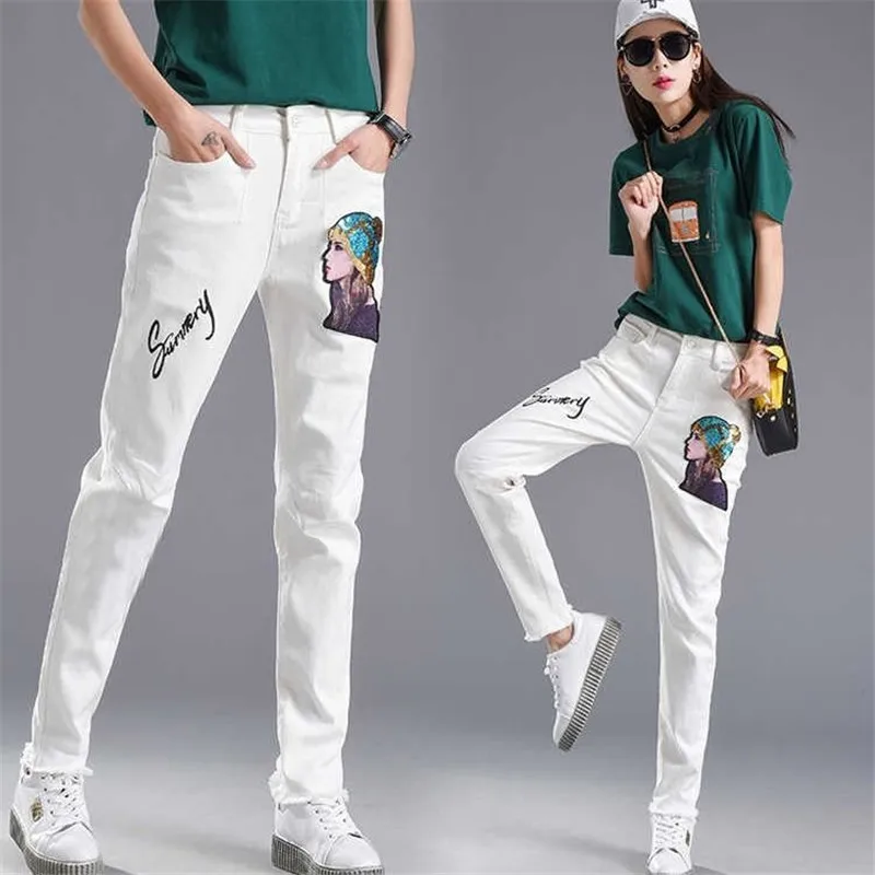 Summer Spring Women White Denim Jeans Korean Fashion Slim Cartoon Graffiti Print Stretched Jeans Pants Capris Cowboy Trousers 88