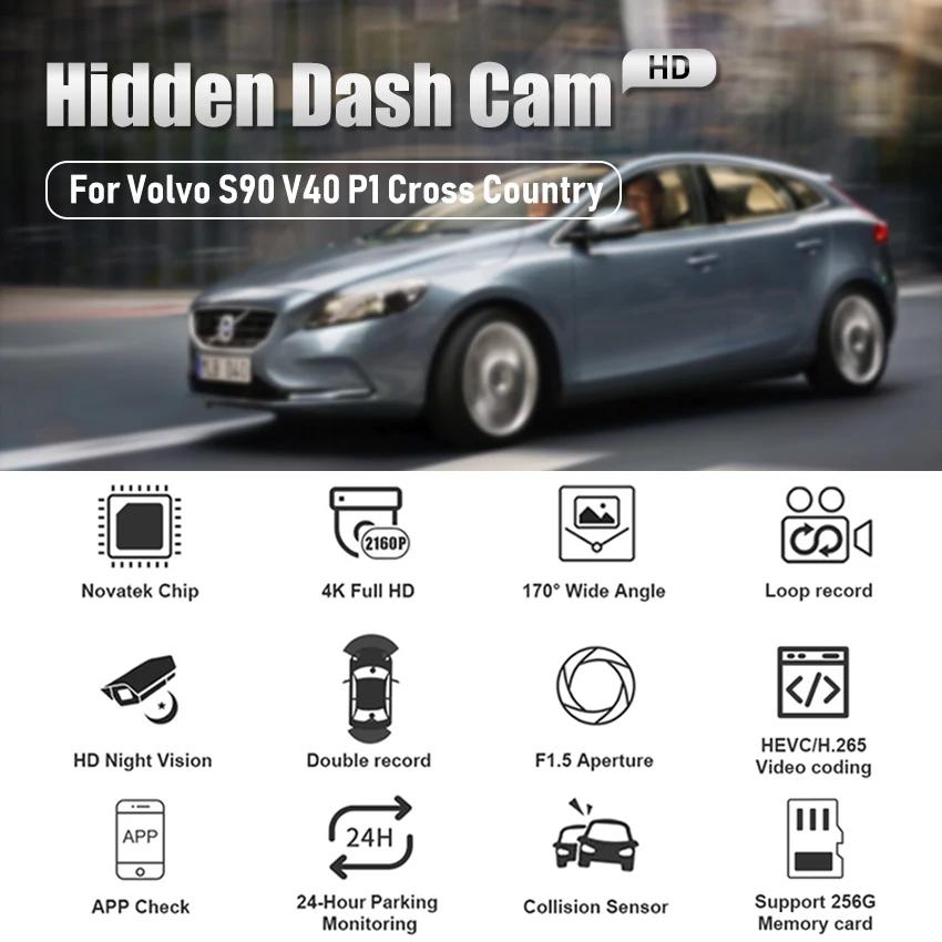 4K Car DVR Hidden Dash Cam Camera 24h Parking record UHD Night Vision Driving Video Recorder For Volvo S90 V40 P1 Cross Country