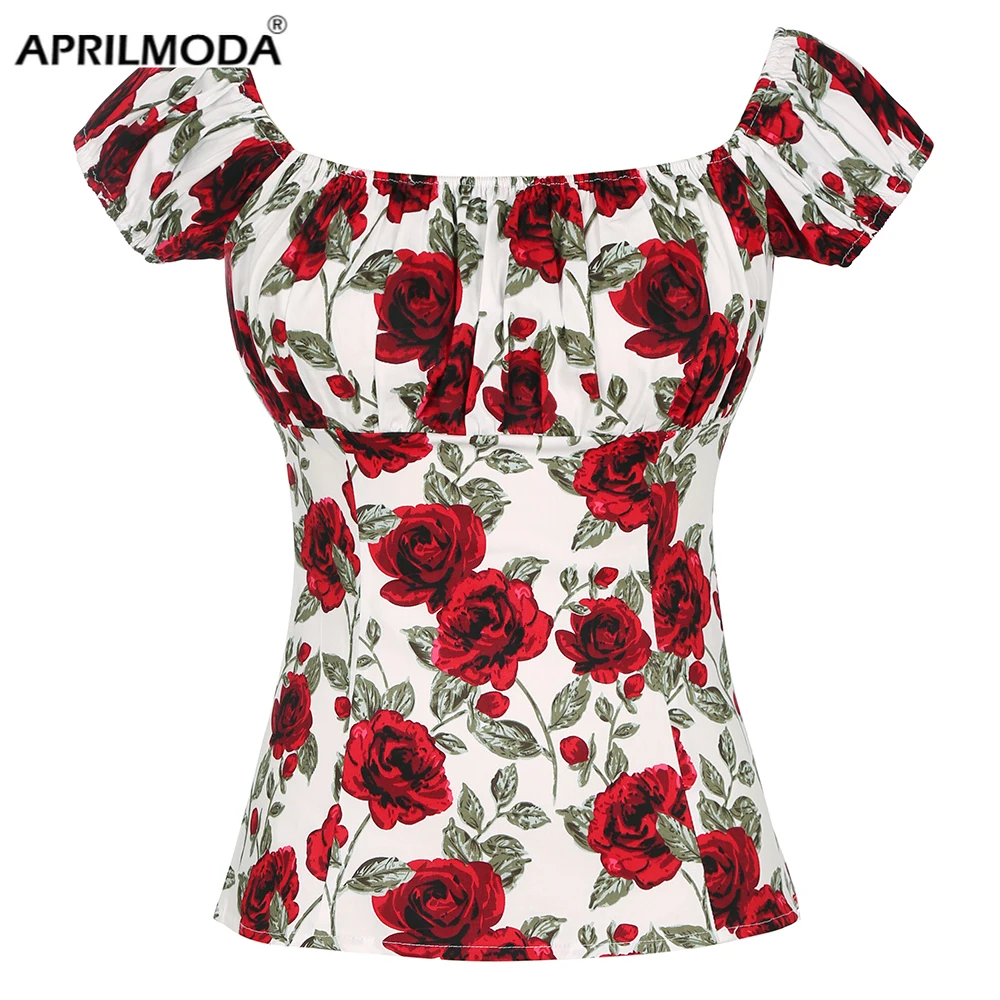 2023 Rose Red Floral Print Vintage 50s Pinup Short Sleeve Shirt In White Retro Pin Up Retro Cosplay Costume Party Shirts Tops