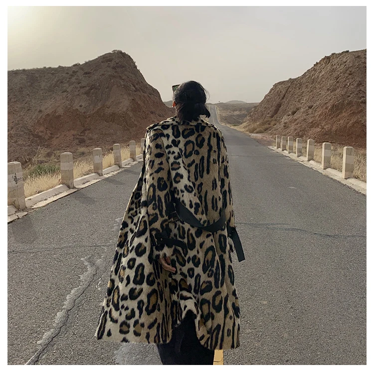 Lautaro Winter Long Leopard Print Warm Fluffy Faux Fur Trench Coat for Women Long Sleeve Double Breasted European Fashion 2021