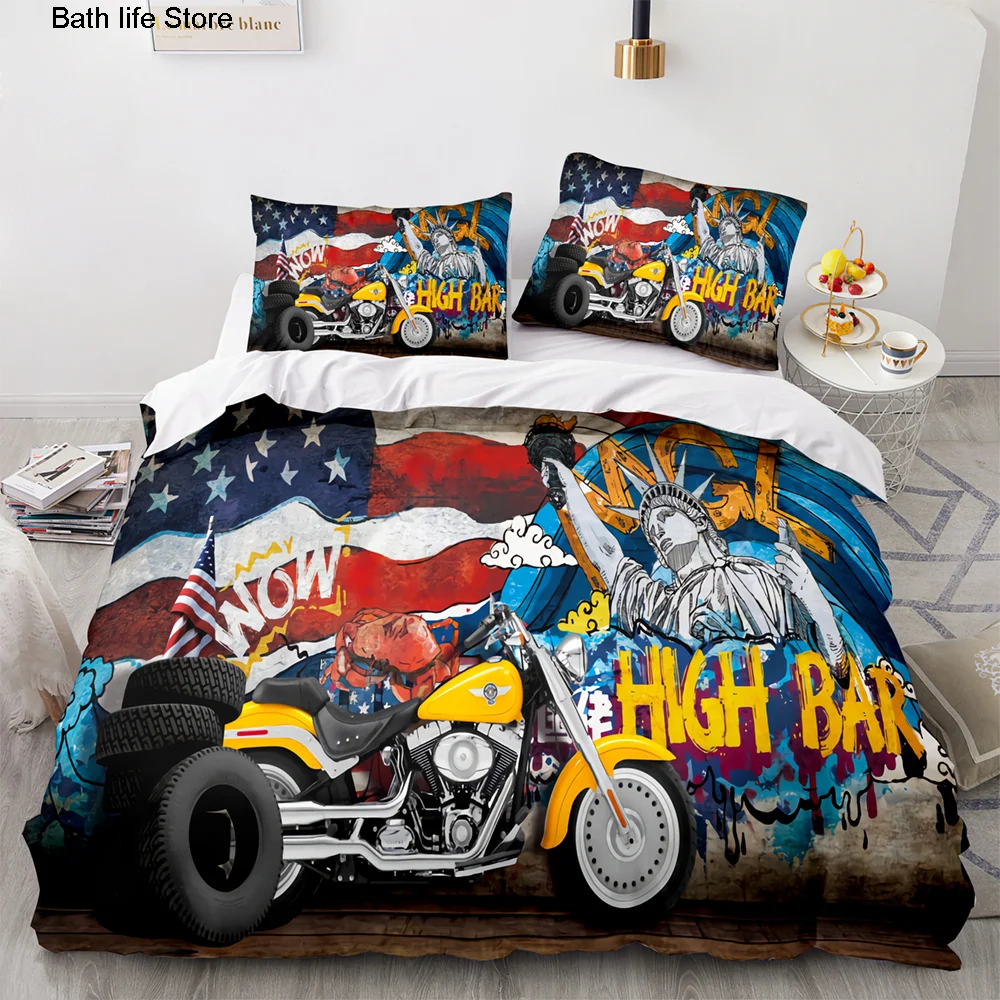 3D Print Classic Motorcycle Bedding Set Queen King Size knight Bed Set Aldult Kid Bedroom Racing Car Duvetcover Sets