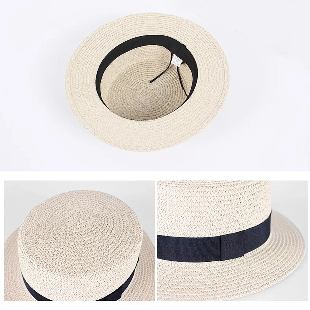 2019 new women\'s hat Ribbon Straw Sun Hat Breathable Large Brim Beach Summer Boater Beach Ribbon Round Flat Top Hat For Women