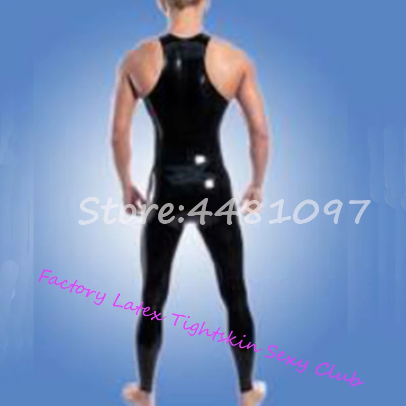 

Black Sexy Latex Rubber Jumpsuit Latex Tight Bodysuit With Crotch Zipper U-neck Vest for Men XS-XXXL