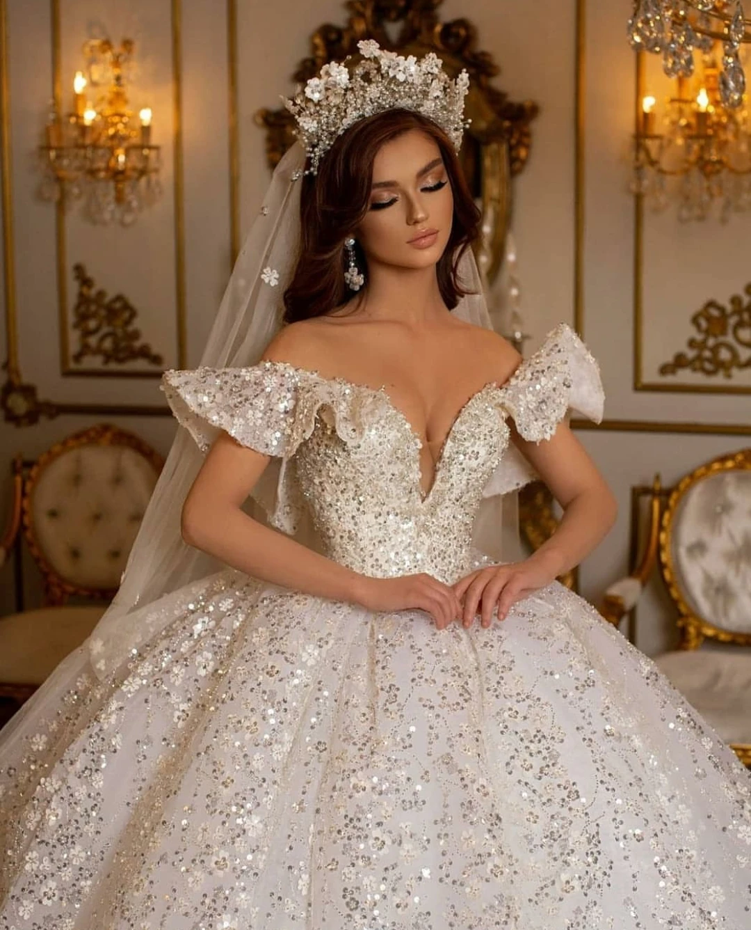 Vestido De Noiva abiti da ballo Vintage abiti da sposa con volant sulle spalle paillettes abiti da sposa arabi lunghi Dubai per le donne