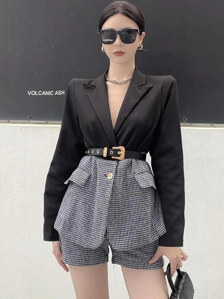 ECRURANI Elegant Colorblock Two Piece Set For Females Lapel Long Sleeve Coats High Waist Short Trouser Women\'s 2021 Shorts Suits