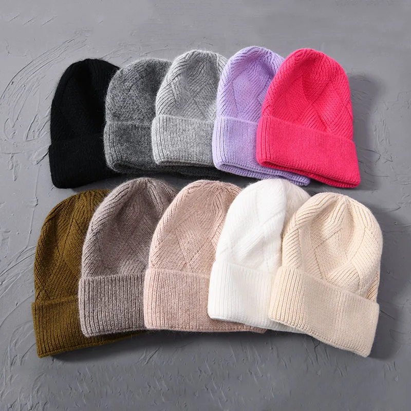 Unisex Solid Color Cashmere Beanie Winter Block Pattern Real Fur Pom Pom Beanies Winter Hat For Women Winter Warm Skullies