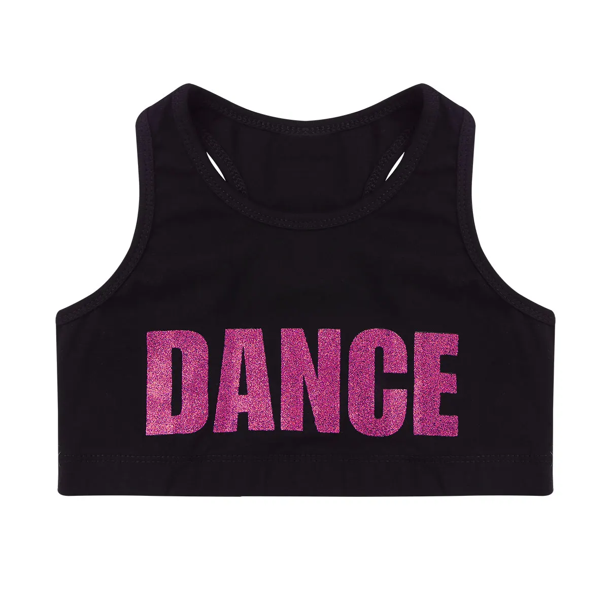 Kids Girls Sleeveless Racer Back Shiny Letters DANCE Printed Crop Top Sports Gymnastics Ballet Tops Stage Performance Costume