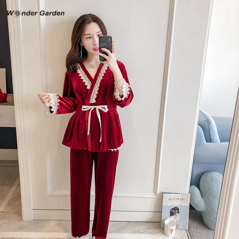 

Wonder Garden Fshion Velvet Pajamas Set Woman Warm Sleepwear Letter Printing Casual Three-piece Suit Fall Winter Belt Nightwear