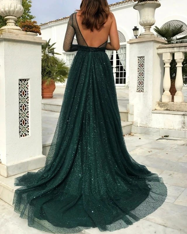 Robe de soirée de standing vert foncé, ligne a, asymétrique épaule dénudée, sans manches, avec traîne, paillettes, robes de bal