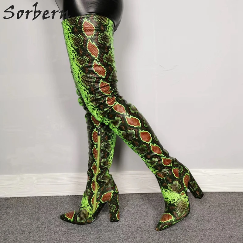 Sorbern Python Thigh High Boots Block High Heels Long Ladies Shoe Custom Thick Legs Slim Leg Long Boot Multi Colors