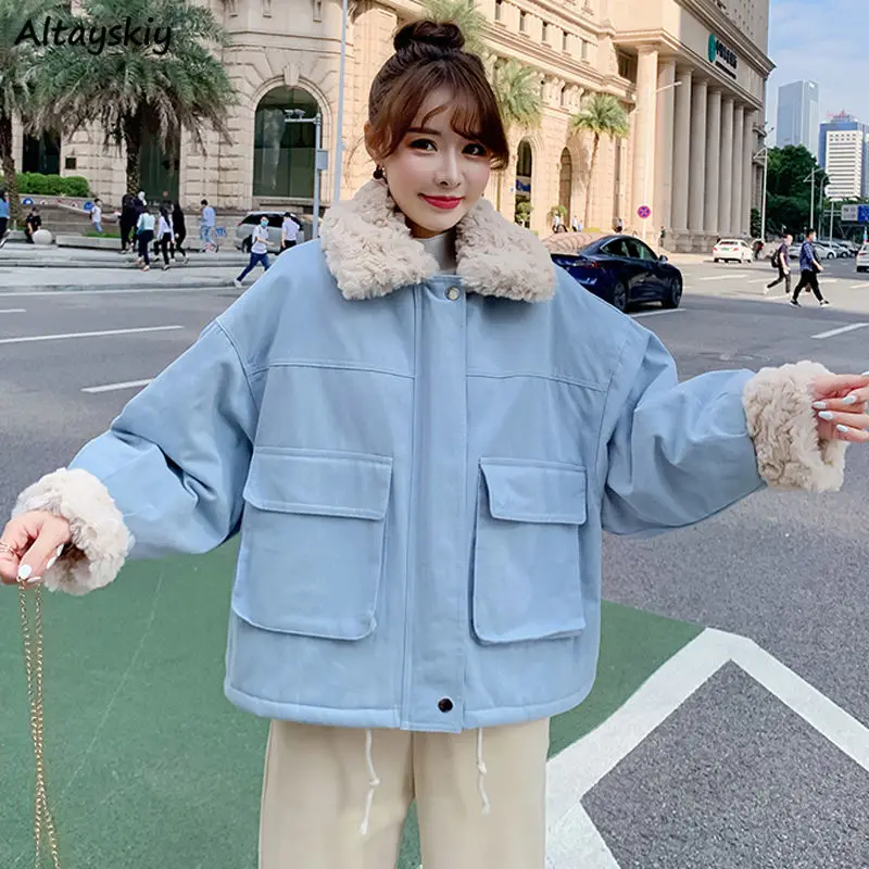 Jackets Parkas Women Lambswool Collar Casual Thick Winter Coat Autumn All-match Outerwear Korean Style Cargo Patchwork Harajuku