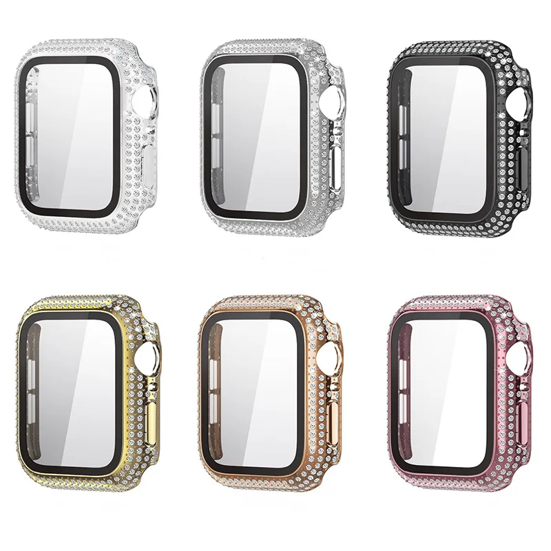 5PCS Full Protective 3D 9H Screen Tempered Glass Rhinestone Diamond Crystal PC Case Cover for Apple Watch SE Series 6 5 4 3 2 1