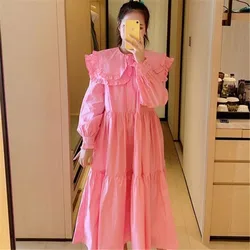 Women Dress Long Sleeve Ruffles Pink Black White Sweet Shirt Dress kawaii Evening Night Casual Midi Dress Loose vestidos