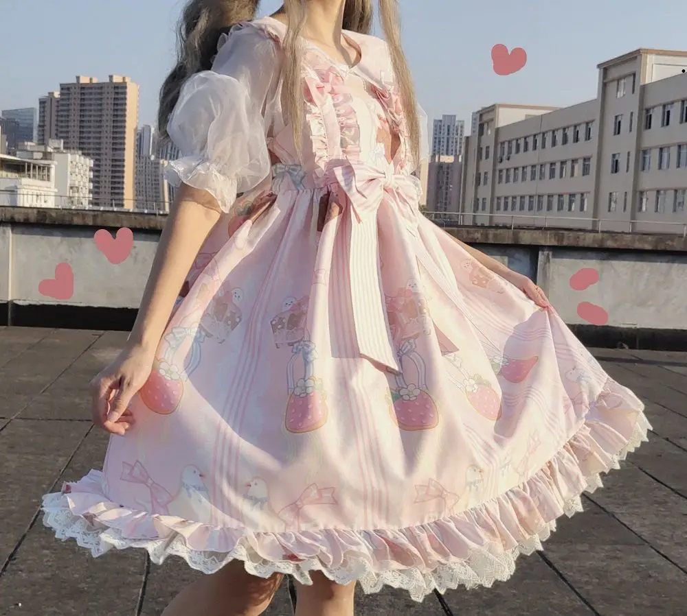 Estilo japonés Kawaii Lolita Jsk Drsss mujeres lindo estampado de dibujos animados encaje arco princesa vestidos niñas dulce fiesta Mini vestidos