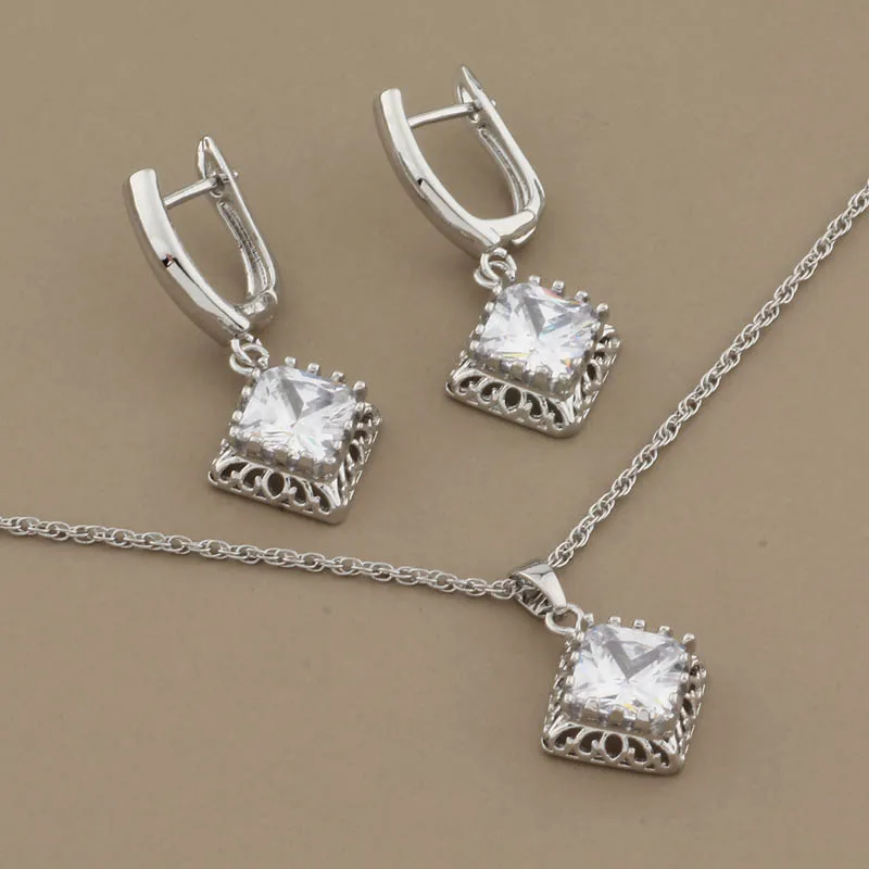 New Irregular Square Natural Zircon Dangle Earrings Set Rose Gold Color Earrings And Pendant RU Style Women Jewelry Set