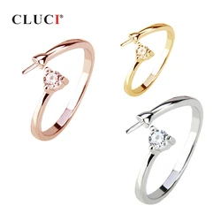 CLUCI 925 Silver Simple Zircon Open Ring for Women Jewelry Silver 925 Sterling Pearl Ring Mounting Adjustable Rings SR2001SB