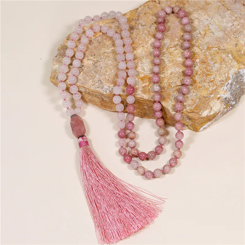 

108 Beads Mala Natural Stone Pink Long Tassel Necklace Women Meditation Necklace Handmade Bead Knotted Yoga Necklace Dropship