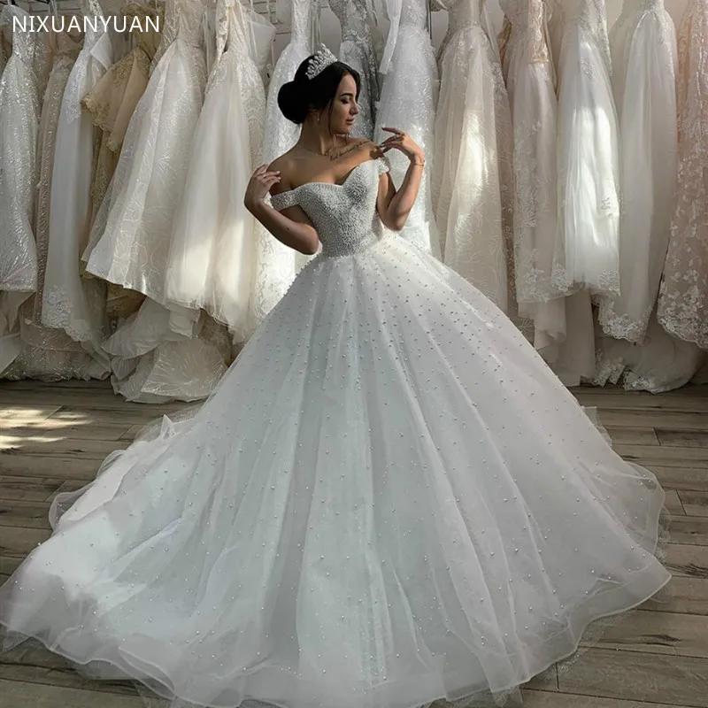 2023 Sweetheart Wedding Dress with Pearls Off Shoulder Dubai for Women Lebanon Bridal Gowns Tulle Elegant Muslim Gorgeous