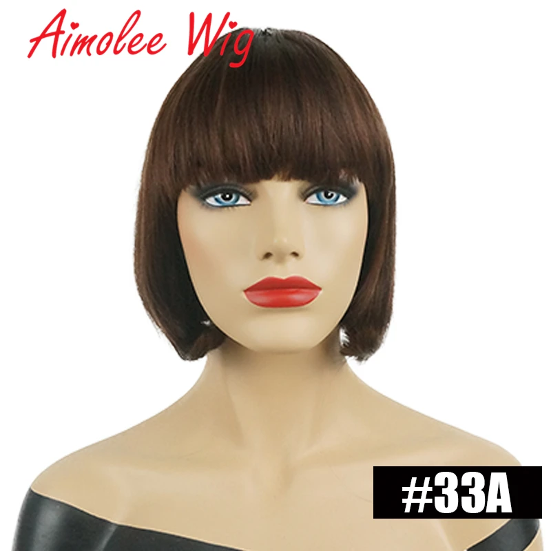 Aimolee Short Straight Bob Wigs with Bangs for Women Human Hair Blend Synthetic Wig Auburn Black Natural Looking