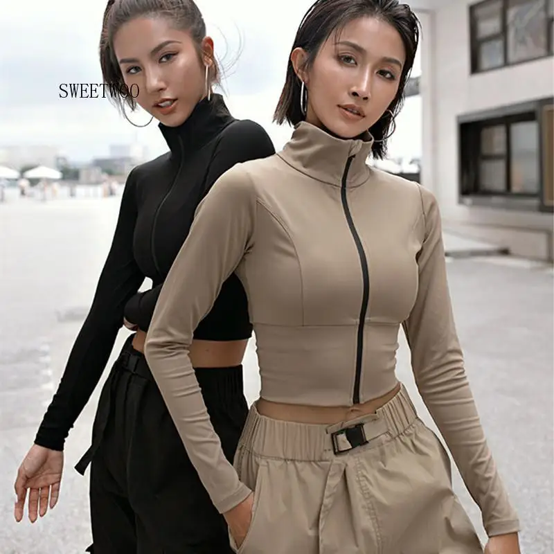 Mermaid Curve Short Style Sports Jacket Female Elastic Tight Long-Sleeve Zipper Coat Quick-Drying Running Jacket Sexy Crop Tops