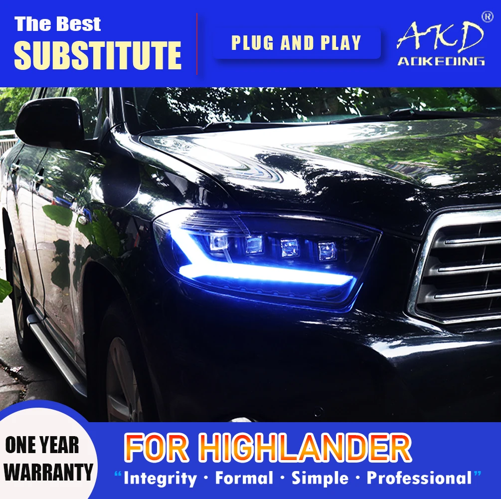 AKD Head Lamp for Toyota Highlander LED Headlight 2009-2011 Headlights DRL Turn Signal High Beam Angel Eye Projector Lens