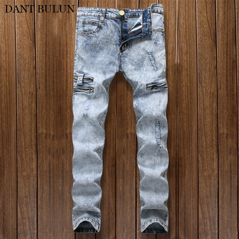 

DANTBULUN Casual Mens Slim Elastic Jeans Men Straight Denim Trousers Zipper Fly Designer Slim Blue Hole Hip Hop Jeans For Men