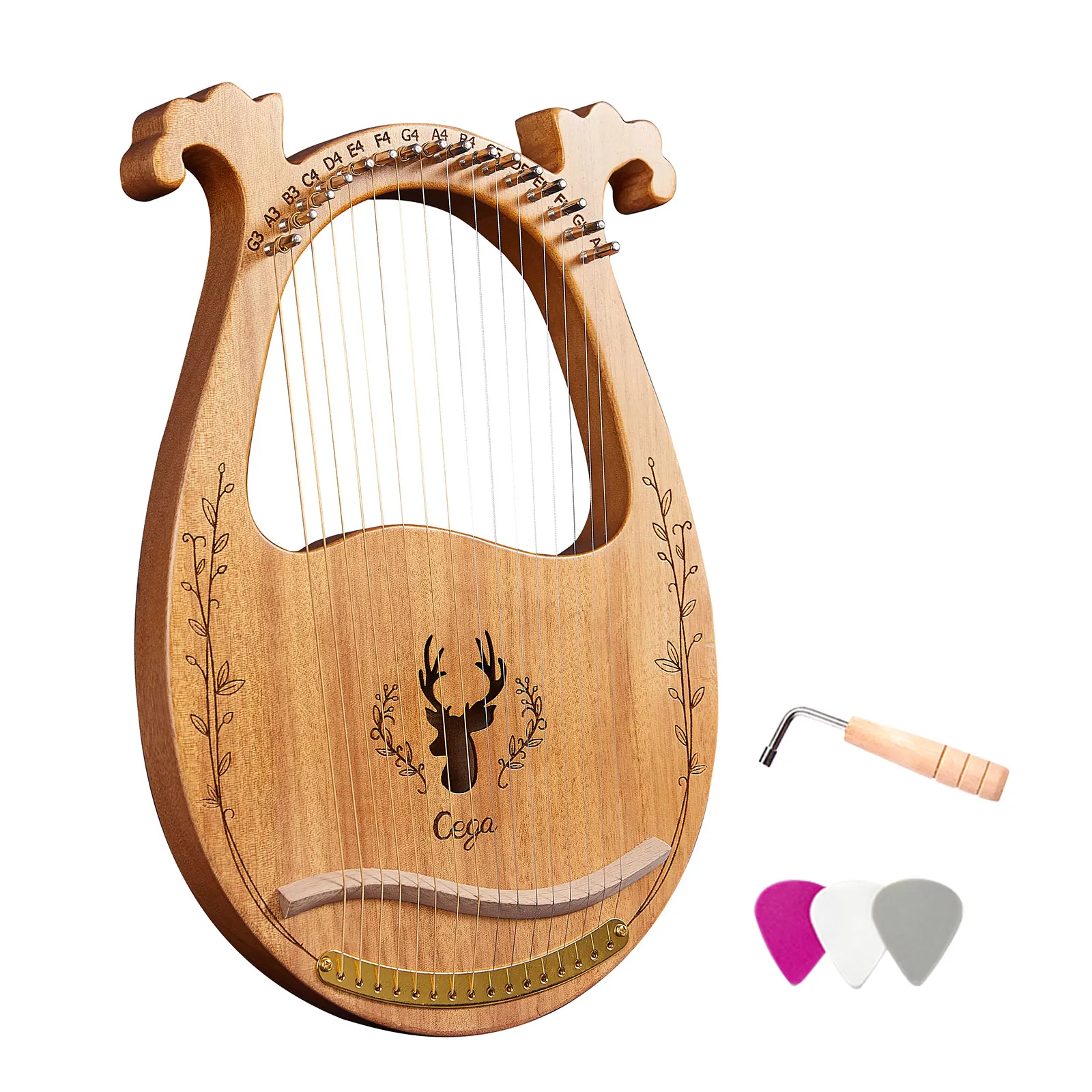 C Key 16-String Wooden Lyre Harp Resonance Box String Instrument with Tuning Wrench 3pcs Picks Sticker Extra Set of Strings Part