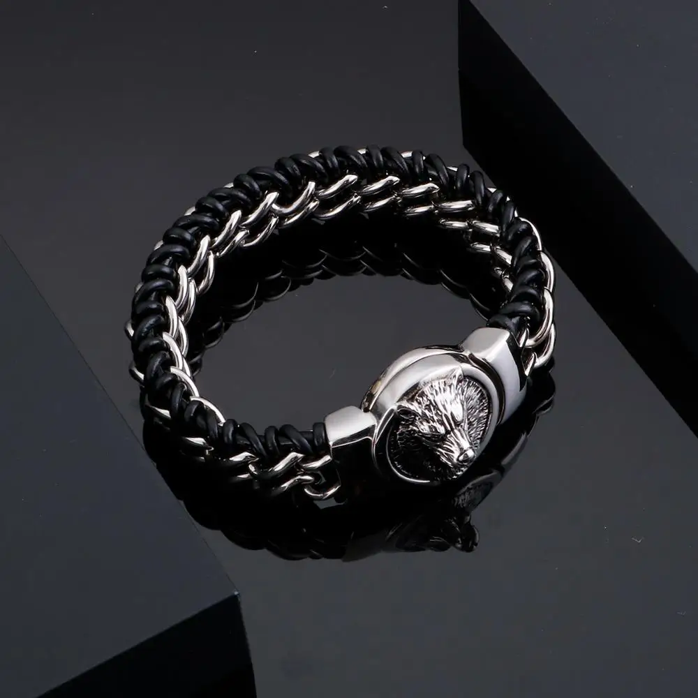 Fongten Wolf Lion Chain Bracelet For Men Braid Stainless Steel Black Color Leather Men\'s Bracelets Bangle Wristband Jewelry