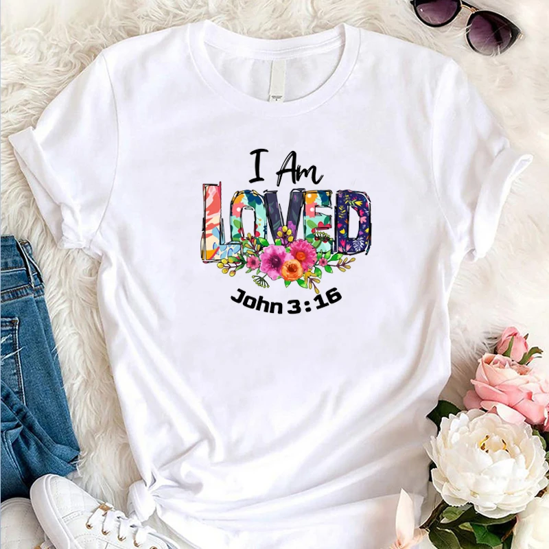 

Retro Harajuku I Am Loved John 3:16 Ladies T Shirts Vintage Graphic Tee Streetwear Women Top Causal Religious Summer T-shirt