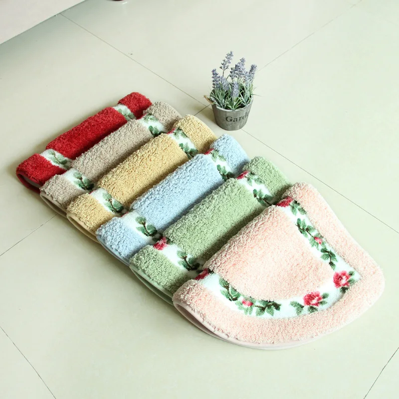 Semicircular Floral Floor Mat for Home Decor Non-Slip Bottom Bathroom Toilet Doormat Washable Suede Area Rug for Bedroom Kitchen