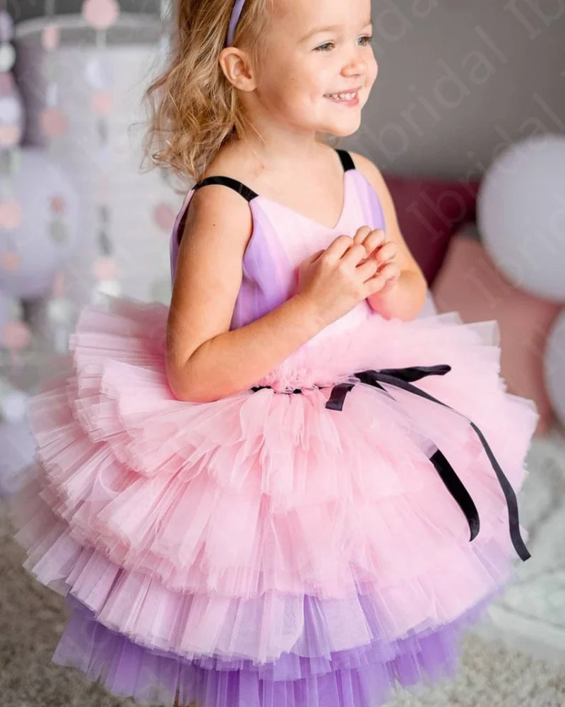 In vendita abiti da bambina corti rosa carino abiti da festa per bambini senza maniche indietro fuori al ginocchio gonna a strati per abbigliamento formale per bambini 2021