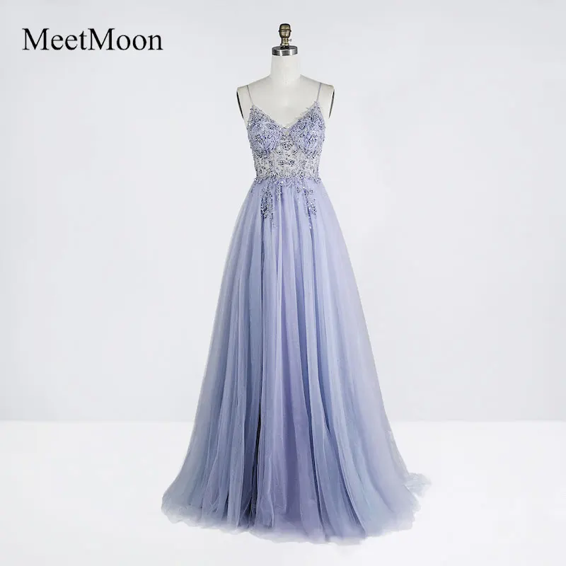 MeetMoon Blue Violet  Illusion Beading Bodice Spaghetti Straps A-line Evening Dress Long Formal Party Gown With Side Split