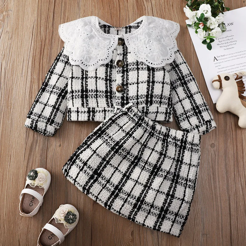 

Girls Clothing Set Long Sleeve Lace Plaid Print Button Coat Mini Skirts Party Kids Clothes Outfits Winter Toddler Cute Dress Set