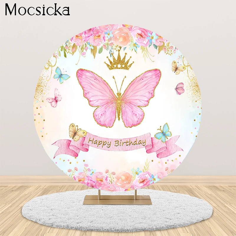 MOCSICKA Birthday Party Round Photography Background Butterfly Flower Decoration Child Portrait Photo Custom Backdrop Banner