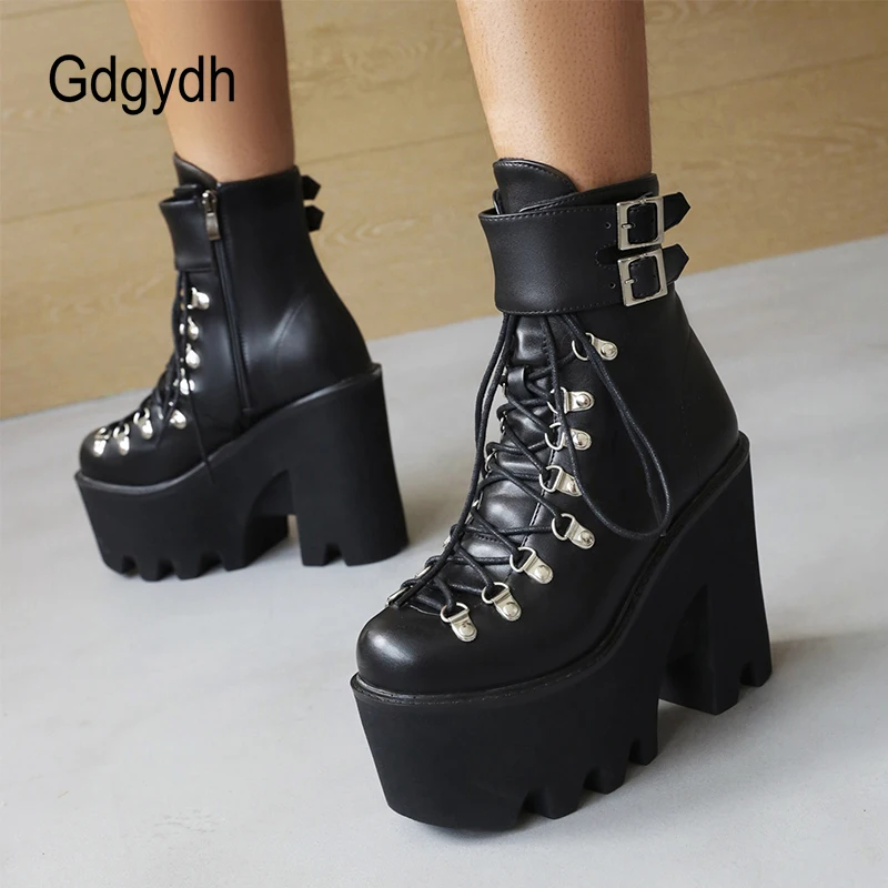 Gdgydh Belt Buckle Strap Ankle Boots Women Waterproof Platform Thick Bottom Too High Heels Boots Gothic Style Autumn And Winter