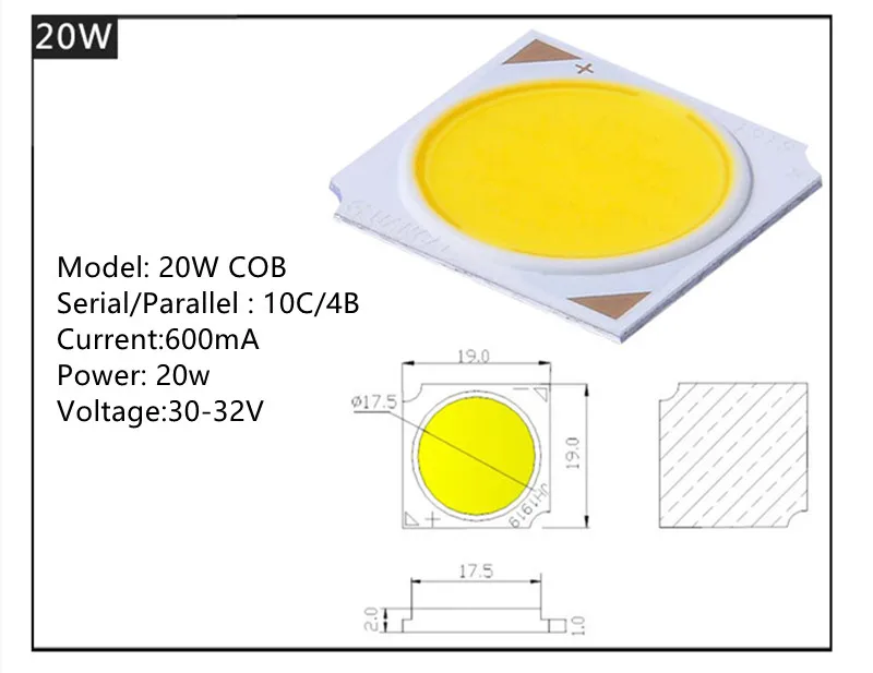 Chips LED abatibles de 10W, 20W, 30W, 40W, 50W, 3000k, 1919 SMD, diodo COB, cuentas de luz para foco de techo, 10 piezas