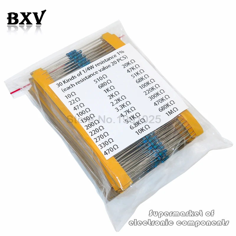 600PCS/Set 30 Kinds 1/4W Resistance 1% Metal Film Resistor Pack Assorted Kit 1K 10K 100K 220ohm 1M Resistors 300PCS/Set