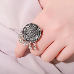 Vintage Tibetan Silver Color Finger Rings For Women Bohemian Round Zircon Wedding Ring Adjustable Party Festival Jewelry