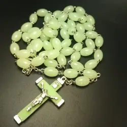 QIGO  Luminous Rosary Necklace Crucifix Pendant Long Plastic Beads Cross Religious Jewelry