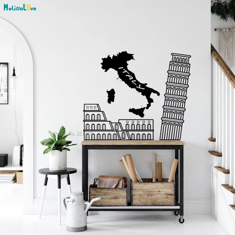 Italy Map Wall Decals Leaning Tower and Arena City Important Historical Building Home Decor Window Poster Vinyl YT6471