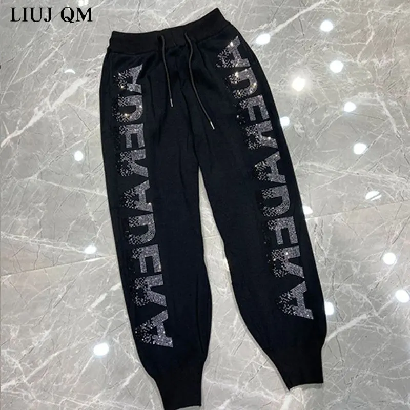 2024 Autumn New Loose High-waist Knitted Pants Women Heavy Industry Letters Hot Drilling Casual Trousers High Harem Pants