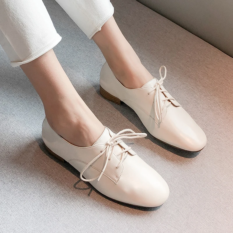 MEZEREON Women\'s White Shoes Soft Cow Leather Round Toe Flats Simple Design Korea Style Comfortable Footwear Lace-Up New Arrival