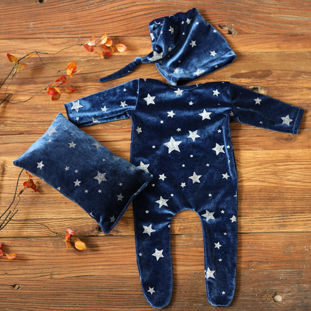 Newborn Photography Props Stars Elasticity Rompers Clothes Hat Set for Baby Boy Photo Shoot Posing Pillow Props bebe Accessories