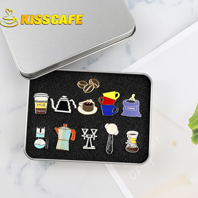 Mini Brooch Coffee Maker Set With Box Coffee Tamper Beautiful Creative Barista Badge Cafe Home Office Gift  Espresso Accessories