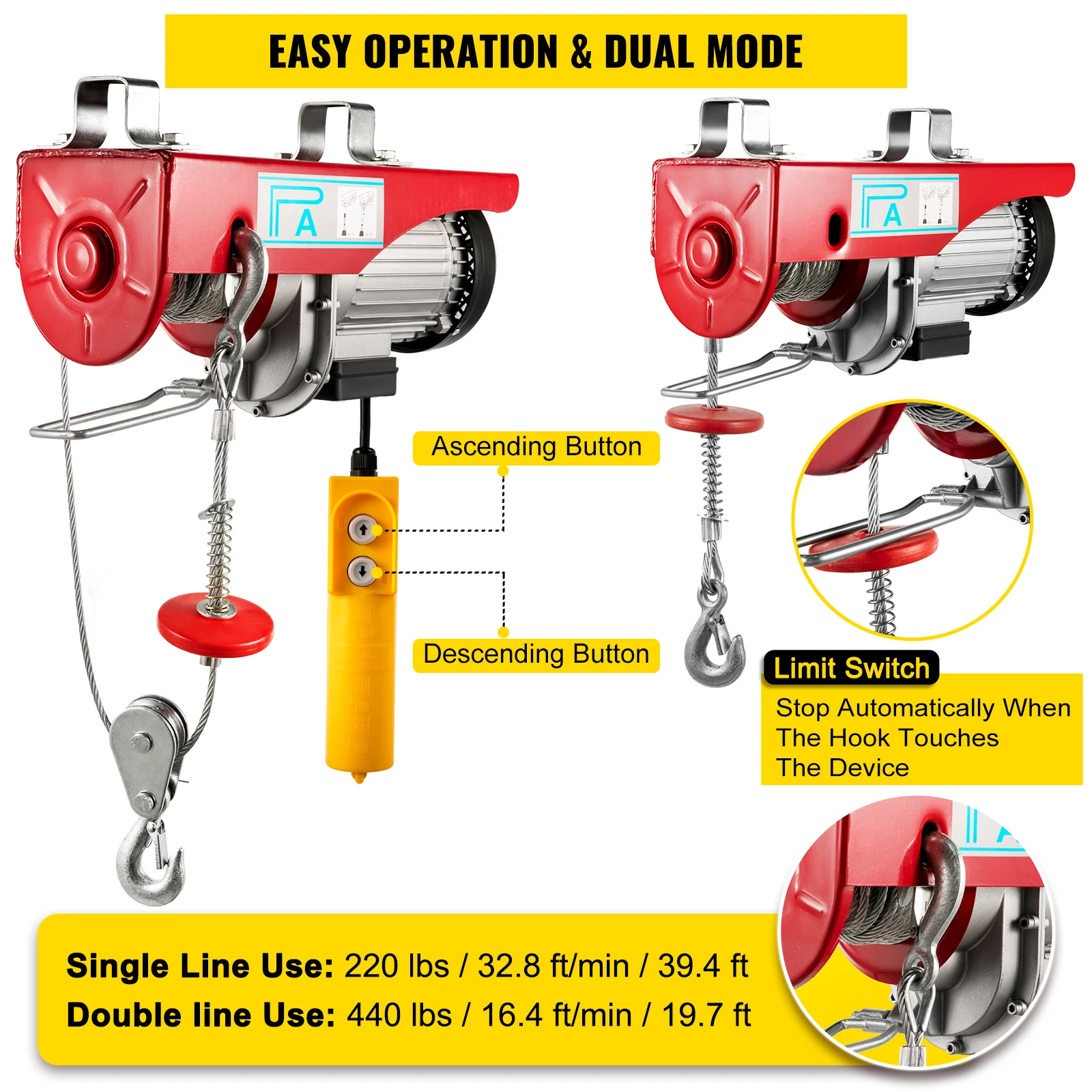 VEVOR Strumento di Sollevamento Elettrico, 220 V 100-800 kg PA400 Ascensore Paranco Elettrico in Ghisa e Alluminio per Sollevare Oggetti di Forma Regolare o Irregolare Come Pietre, Alberi, Falciatrici