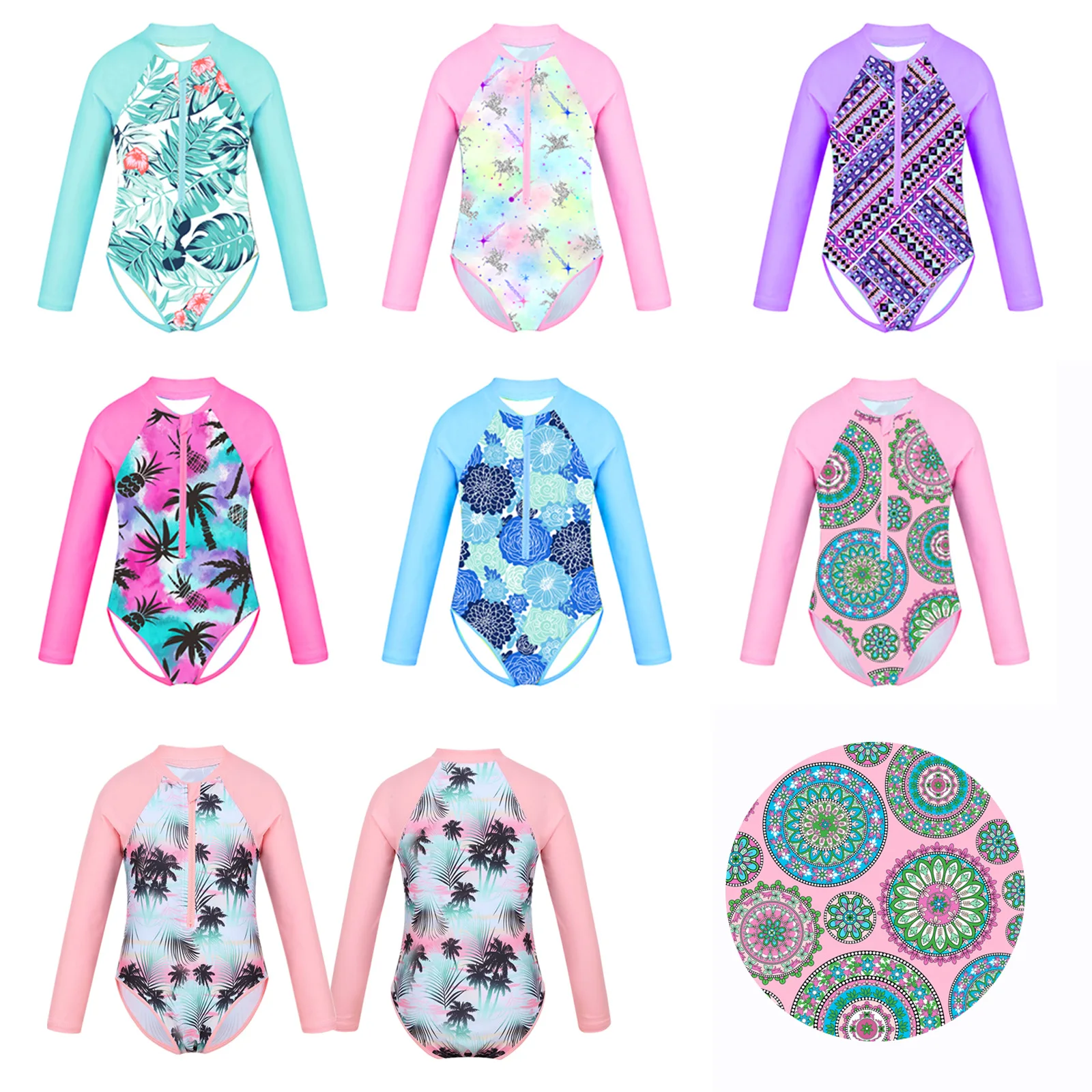 Kids Girls Children Swimwear Beachwear Long Sleeves Palm Printed Zippered Swimsuit Children Swimming Bathing Suit Rash Guard